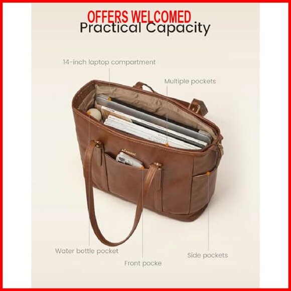 Vintage Leather Tote Bag with iPad Compartment Multiple Pockets - Picture 4 of 7